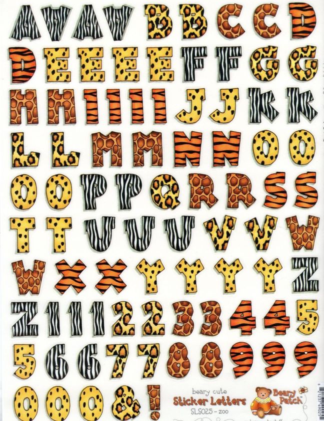 ZOO ANIMAL PRINT LETTERS ALPHABET BEARY PATCH SCRAPBOOK STICKERS 8x12 