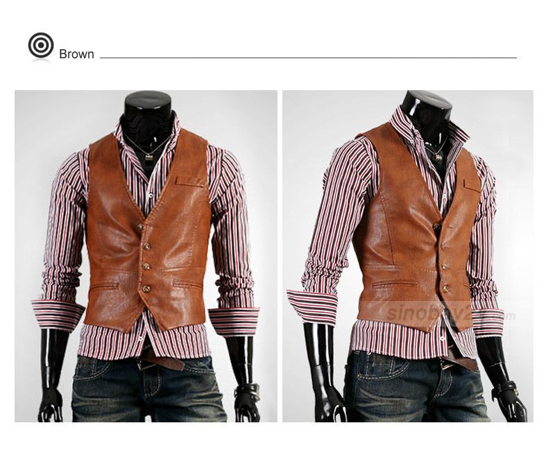 C51031 Mens Stylish Leather Fashionable Causal Four Buttons Vest 