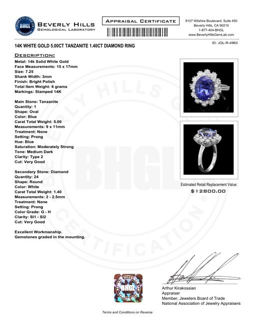 12800 CERTIFIED 14K WHITE GOLD 5.00CT TANZANITE 1.40CT DIAMOND RING 