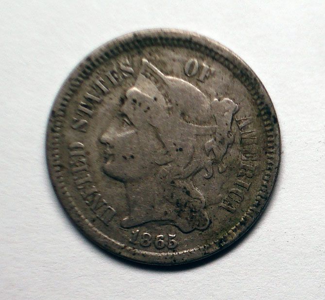 1865 THREE CENT NICKEL VG  