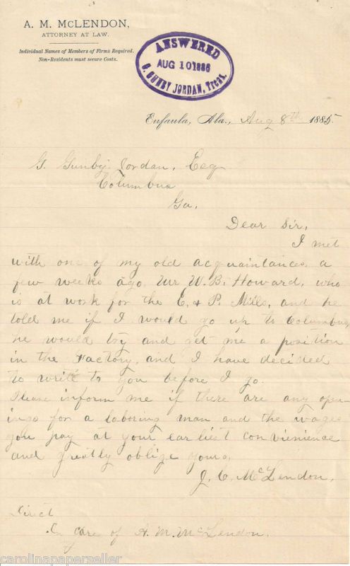 1885 A.M. McLendon, Eufaula, Alabama Attorney Letter  