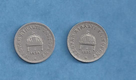 HUNGARY SILVER COINS 20 FILLER 1893 + 1894  