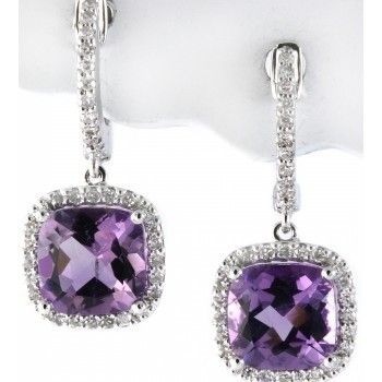 AMETHYST & DIAMONDS DANGLE EARRINGS 14K WHITE GOLD  