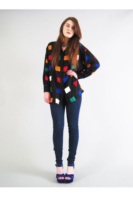 Vtg 90s PRIMARY COLOR SQUARE DOT COLORBLOCK OVERSIZE button down black 