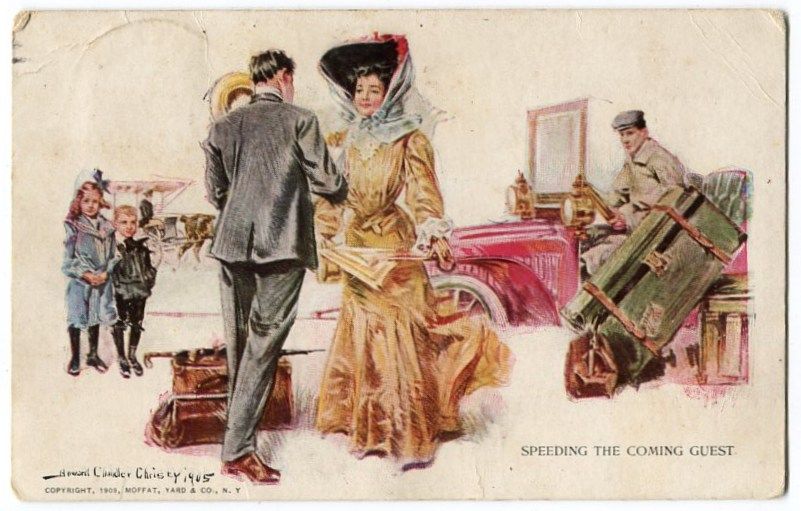   CHRISTY WOMAN IN TRAVELLING CLOTHES AUTO 1909 POSTCARD S11 22S  