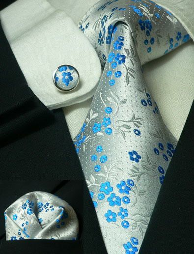 LANDISUN 24E BULE WHITE FLORAL SETTIE+HANKY+CUFFLINKS  