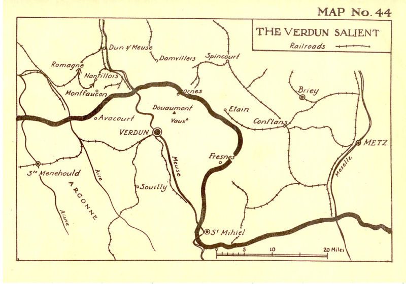 WWI MAP   THE VERDUN SALIENT RAILROADS   PRINTED 1923  