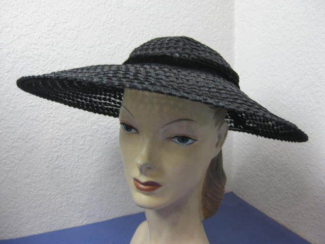 Gorgeous 30s Vintage Black Sheer Straw Large Brim Hat  