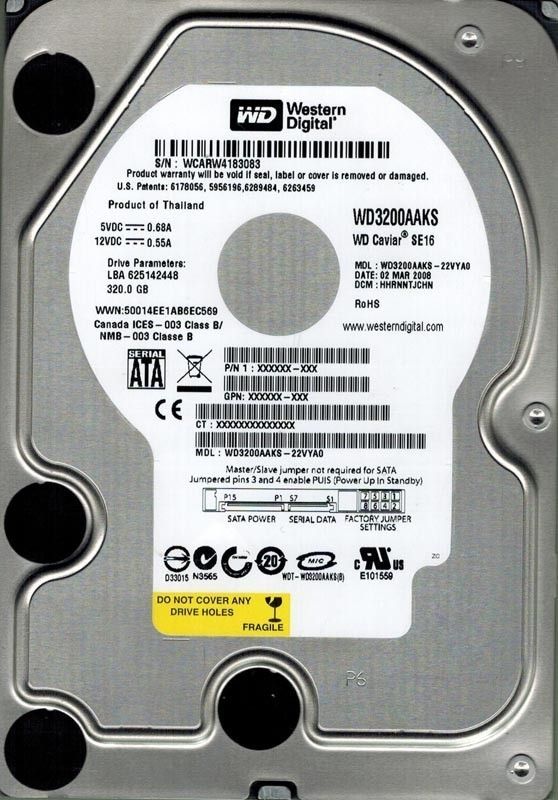 WESTERN DIGITAL 320GB WD3200AAKS 22VYA0 DCM HHRNNTJCHN 718037718521 