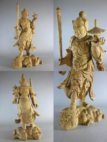   DEVA Bishamonten General 4pcs Wood Statue Carving butsudan  