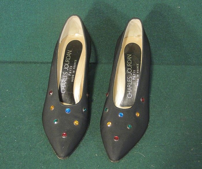 Charles Jourdan/Paris Black Fabric Pumps/Shoes Colored Stones 5 1/2M 