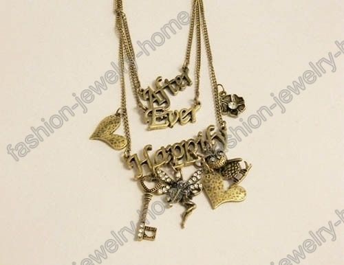 Retro Bronze Lovely Owl Beautiful Flower Key Crystal Pendant 3 layers 