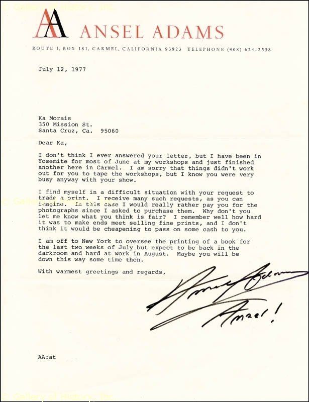 ANSEL ADAMS   TYPED LETTER TWICE SIGNED 07/12/1977  