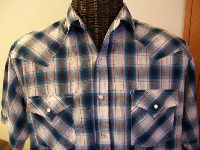 EUC Mens PLAINS Western Wear Pearl Snap Blue Plaid SS Cowboy Shirt 