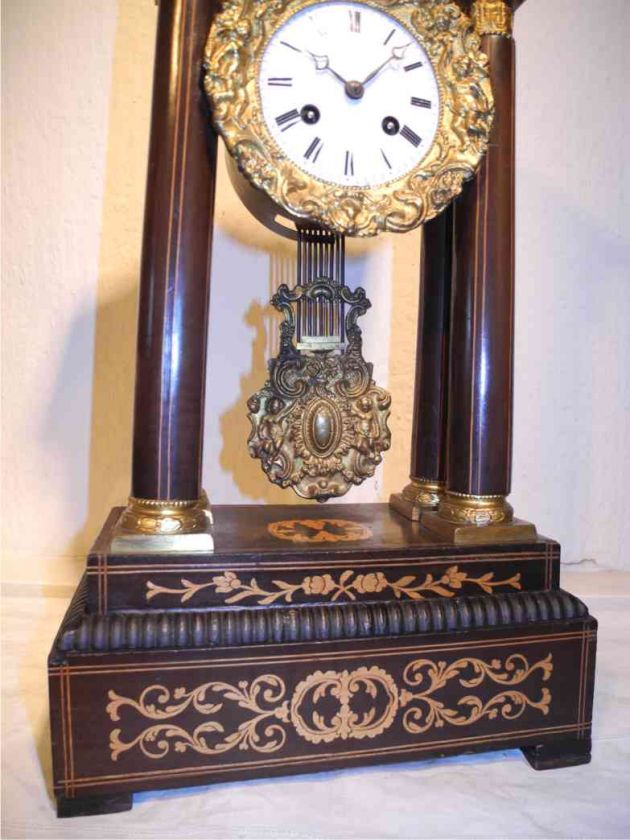 Fine wooden Marquetry Portico Pillar Clock c1840 NoRes  