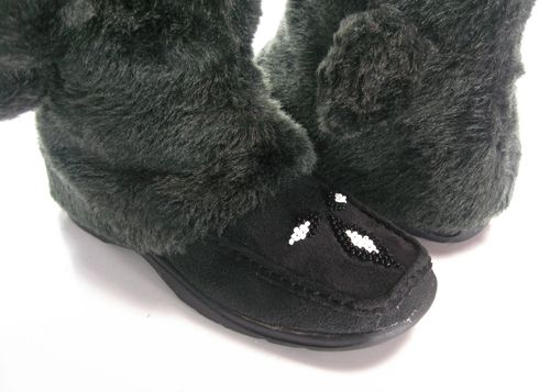 BEADS BLACK MUKLUKS Super FURRY Pom Pom FLAT BOOTS  