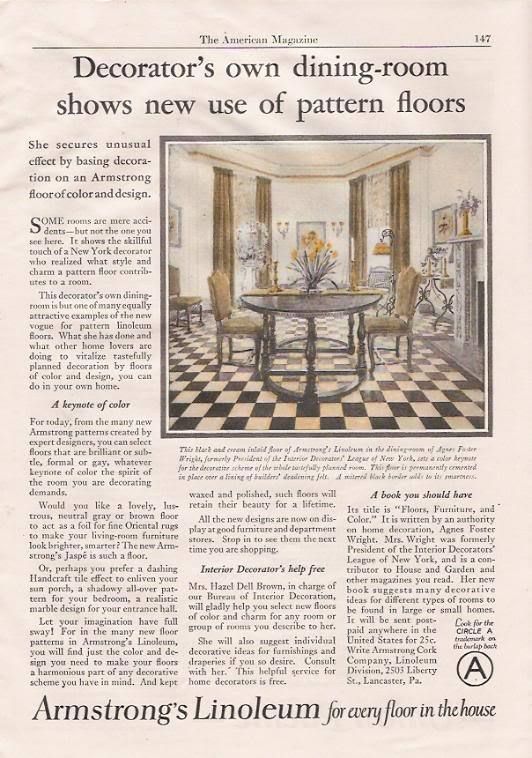 1925 VINTAGE AD Armstrongs Linoleum Black & Cream Floor  