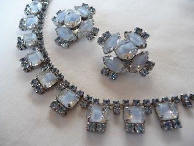 Vintage Blue Givre Art Glass and Rhinestone Necklace & Earrings Demi 