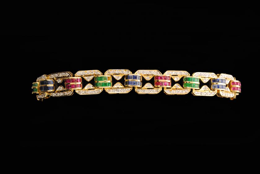One Modern Ladys Diamond Bracelet With Emeralds, Sapphires And Rubies 