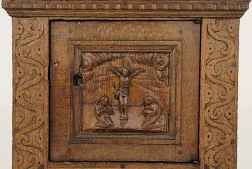 Heavily carved oak bible box on barley twist stand. Two (2) carved 