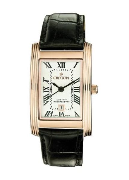 Croton Black Leather Strap Rose Gold Tone or Yellow Gold Tone Dial 