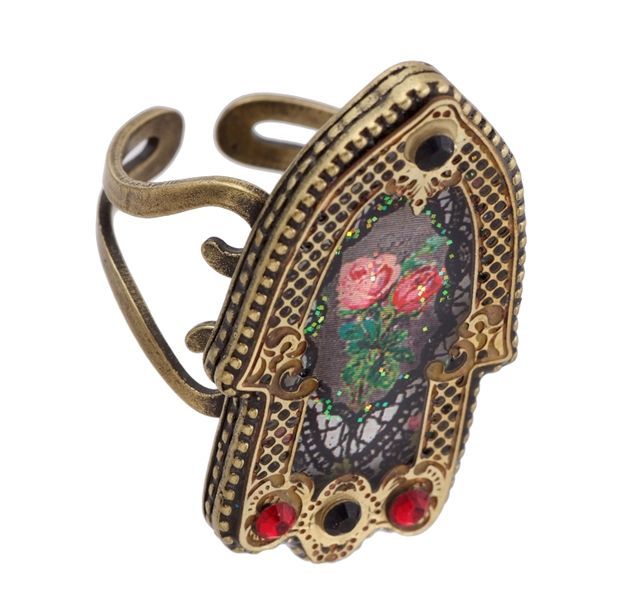 Michal Negrin Rose Bouquet Hamsa Ring made with Brown & Pink Crystals 