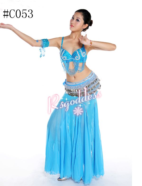 Light blue belly dance costume 3 pics bra&belt &skirt  