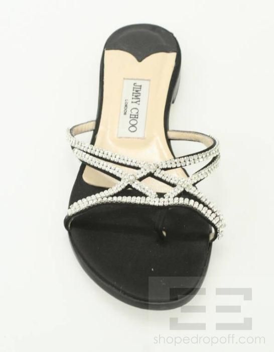 Jimmy Choo Black Satin Crystal Embellished Flat Slide Sandals Size 38 