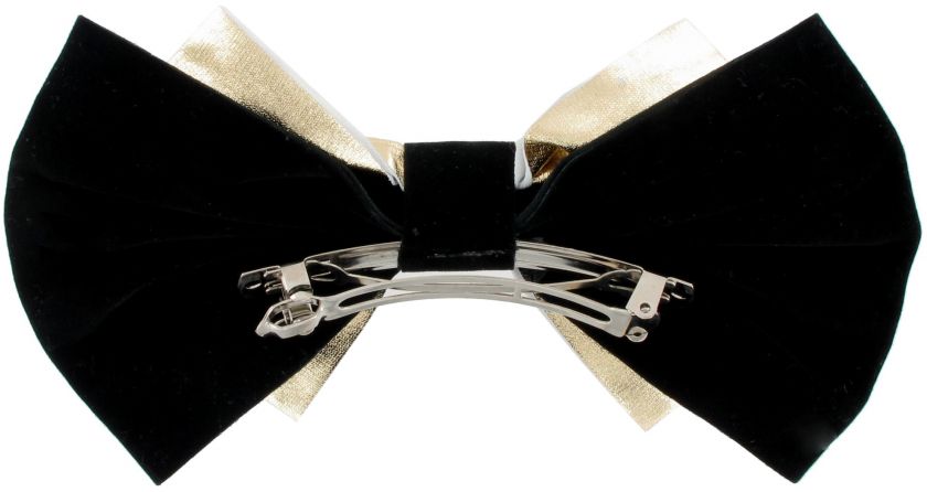 Big Vintage 80s Gold Tone Metallic Fabric Black Faux Velvet Hair Bow 