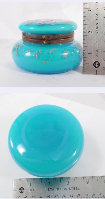   VICTORIAN TURQUOISE FLORAL PAINTED OPALINE GLASS JAR JEWEL BOX  