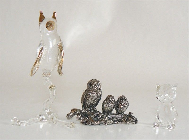 MINIATURE OWL FIGURINES CRYSTAL GLASS PEWTER BIRD  