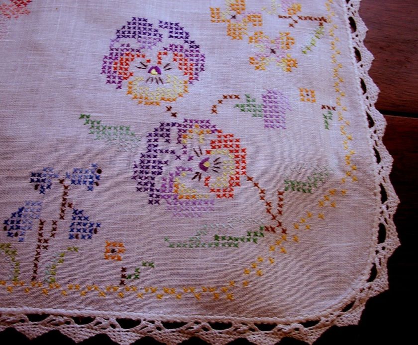 Vintage Linen Centre Doily Hand Embroidered Cross Stitch Pansies 