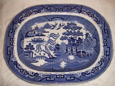 Large Antique 19th Century Swansea Blue & White Meat Plate Willow 