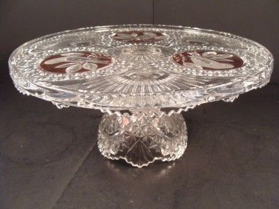 Vintage HOFBAUER Ruby Red Bird Byrde CRYSTAL Glass Footed Cake Plate 