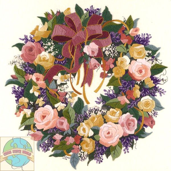 Crewel Embroidery Kit ~ Wreath of Pink & Yellow Roses  