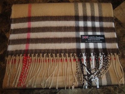 100% CASHMERE Camel Red Black Plaid SCOTLAND SCARF N3  