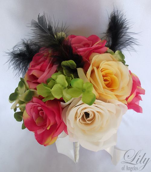   Bouquet Flowers FUCHSIA YELLOW GREEN CLOVER Bride Corsage  