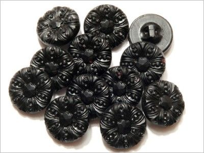 12 CZECH VINTAGE BLACK DECO FLOWER GLASS BUTTONS 18 mm  