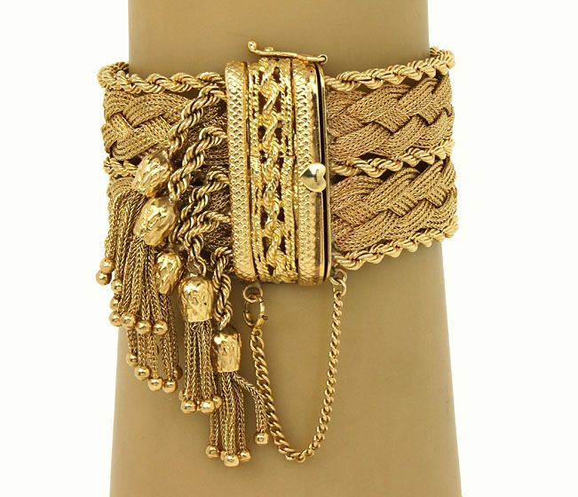 ROBUST VINTAGE 14K GOLD WOVEN STYLE TASSEL BRACELET  