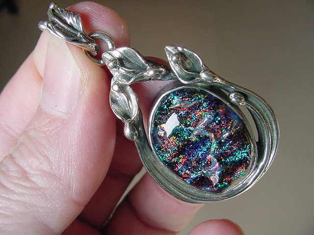 156 A) DICHROIC Fused GLASS Pendant SILVER BLUE GREEN RED SKY 