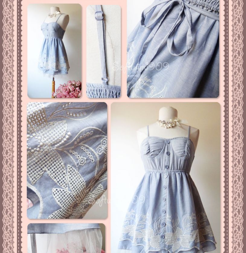 NEW Light Blue/White Embroidered Cotton Peasant Lovely Full Skirt Sun 