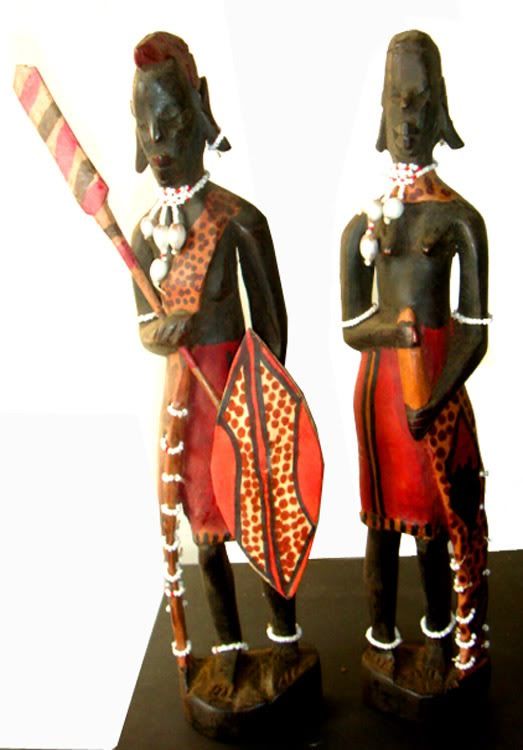   PAINTED WOOD ORIGINAL 1950s MASAI COUPLE AFRICANA FIGURINES. 8  