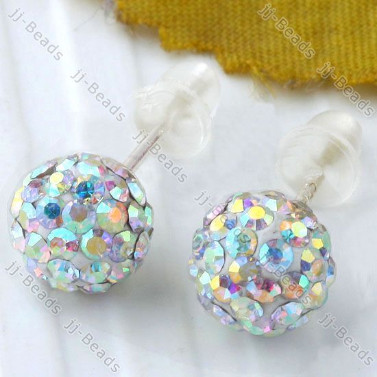 925 Silver AB White Czech Crystal Ball 6mm Earring Stud  