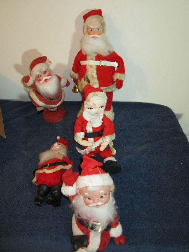 SANTA FIGURES VINTAGE LOT OF 5 TOY LIGHT UP EYES   FLOCKED  POSEABLE 