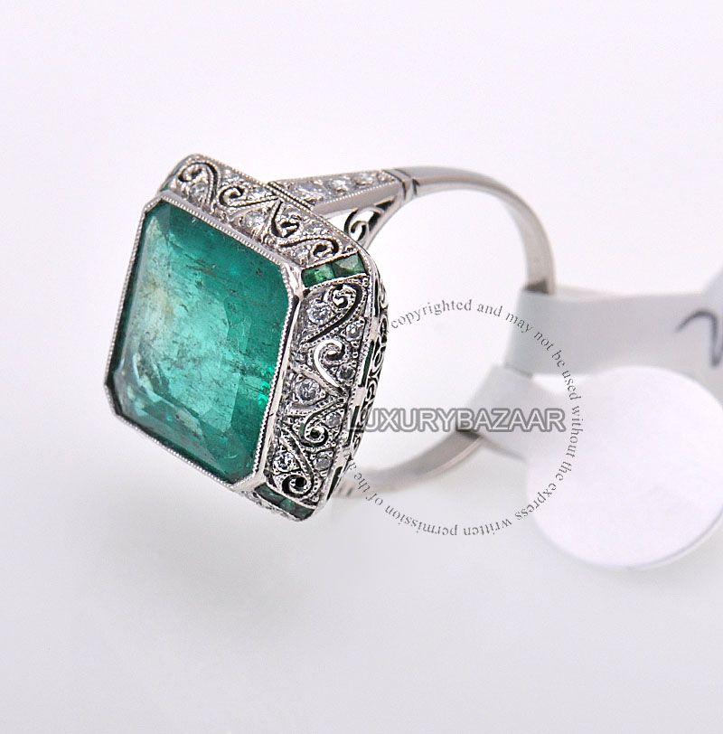 Estate Platinum Diamond Columbian Emerald Square Ring  