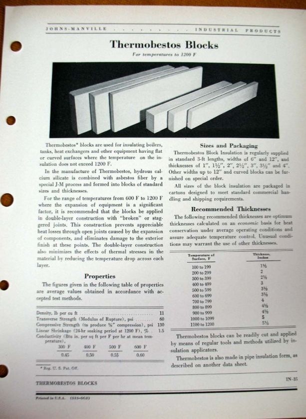 JOHNS MANVILLE Thermobestos Blocks Asbestos Insulation  