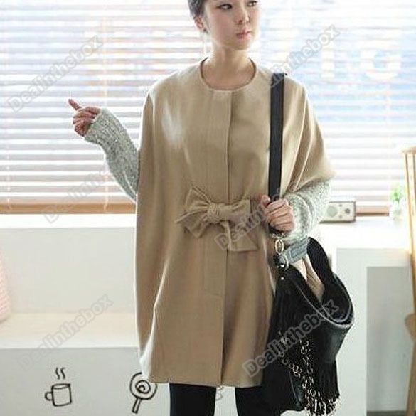   Korean hot cakes bowknot belt loose cloak dust coat Autumn Winter Good