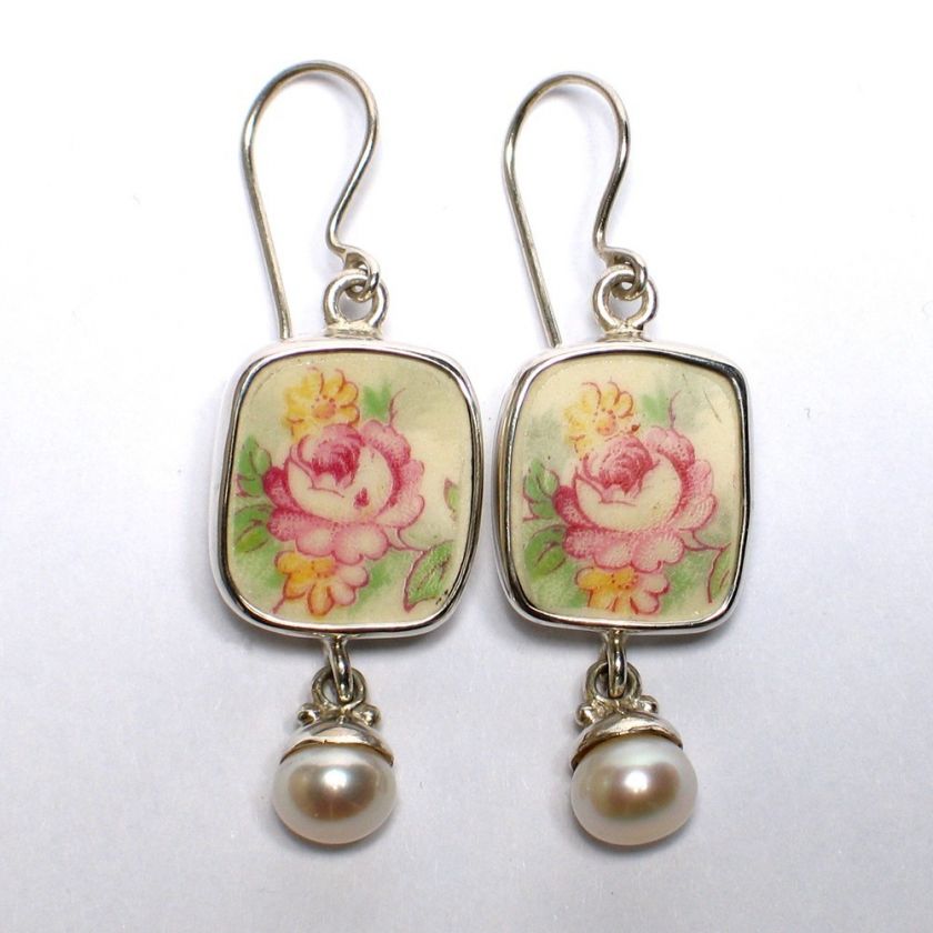 Broken China Jewelry Eggshell Sterling Earrings  