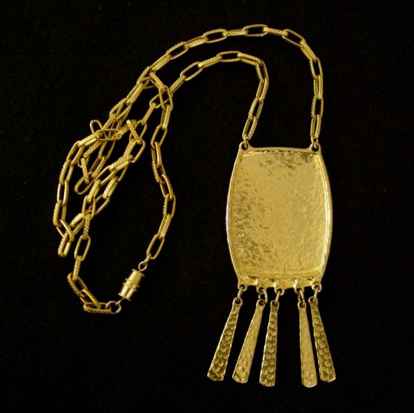 Vtg 70s Egyptian Revival Tassel Runway Necklace Hammered Gold Tone 