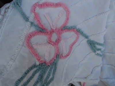 Vtg Cotton Chenille Pink n Green Flower Bedspread Cutter?  